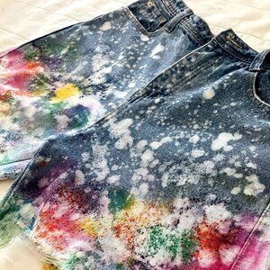 Custom Bleach Splash Denim Shorts Free Speech High-Waisted Boho Festival Style